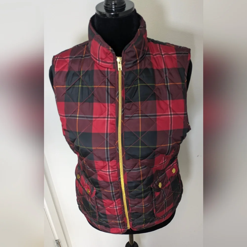 New St. John's Bay Womens Heavyweight Quilted Vest Size M Red Plaid Fall Preppy - Picture 4 of 11